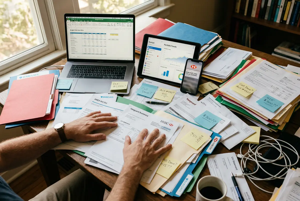 Scattered financial documents on a cluttered desk, the daily reality for owner-operated businesses in Calhoun