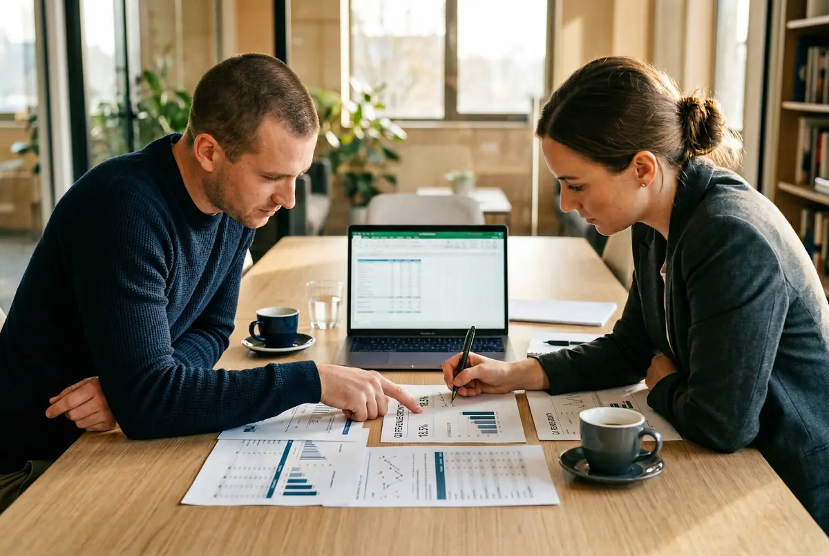 Two business owners reviewing financial dashboards with their fractional CFO in Calhoun, Georgia